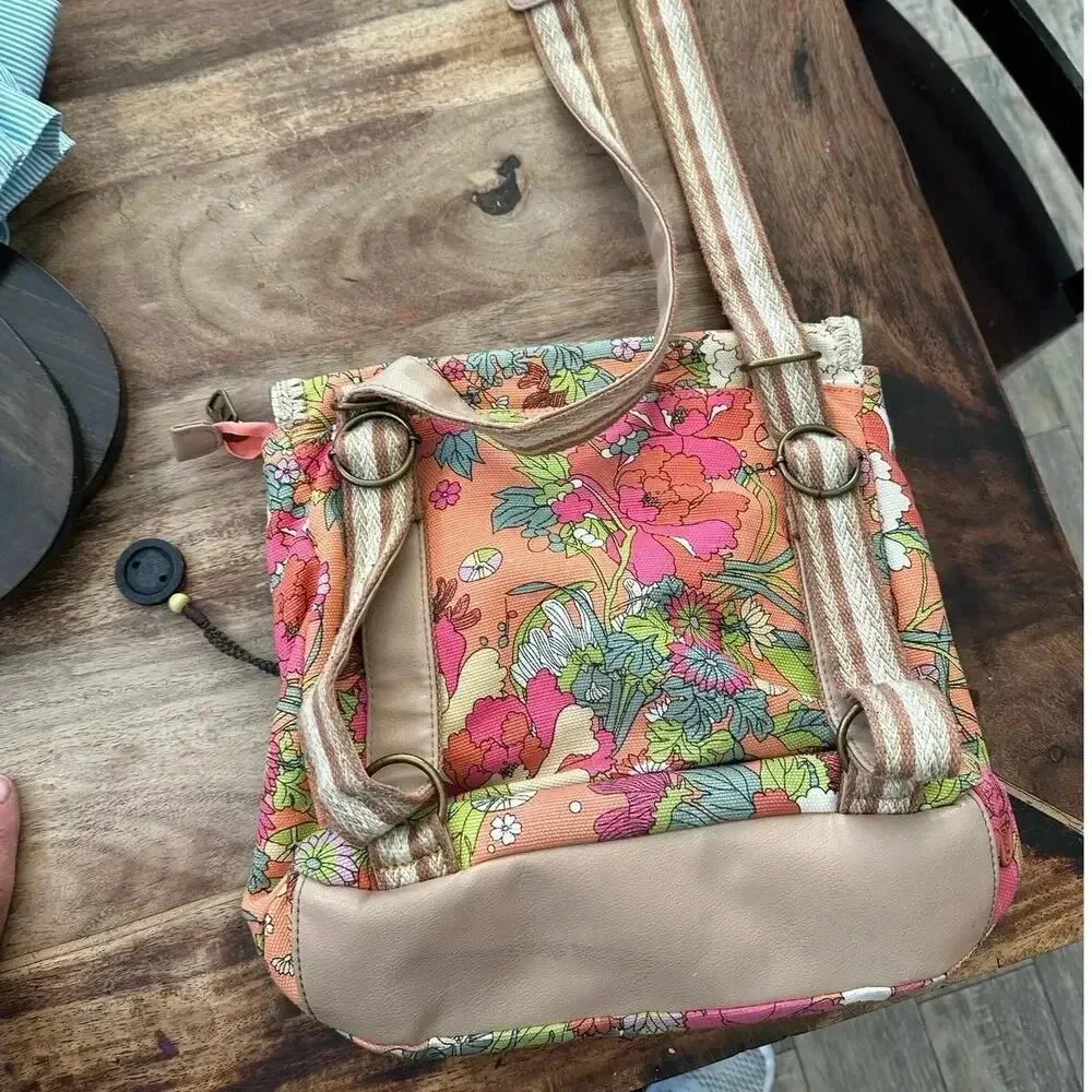 Sakroots Convertible Crossbody Peach Floral Artist Circle Backpack